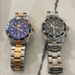 Set of 2 Invicta Silver Gold Blue Face and Black Silver Dial Watches